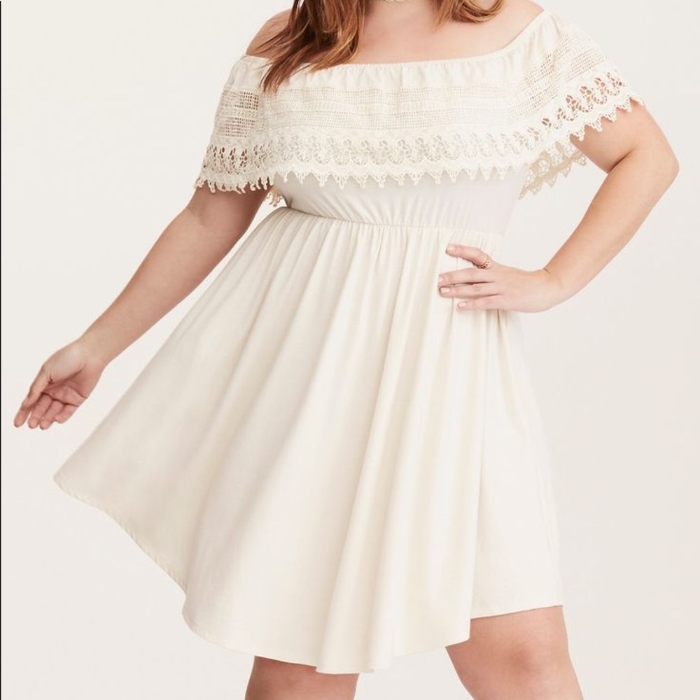 lace hem off the shoulder V Dress